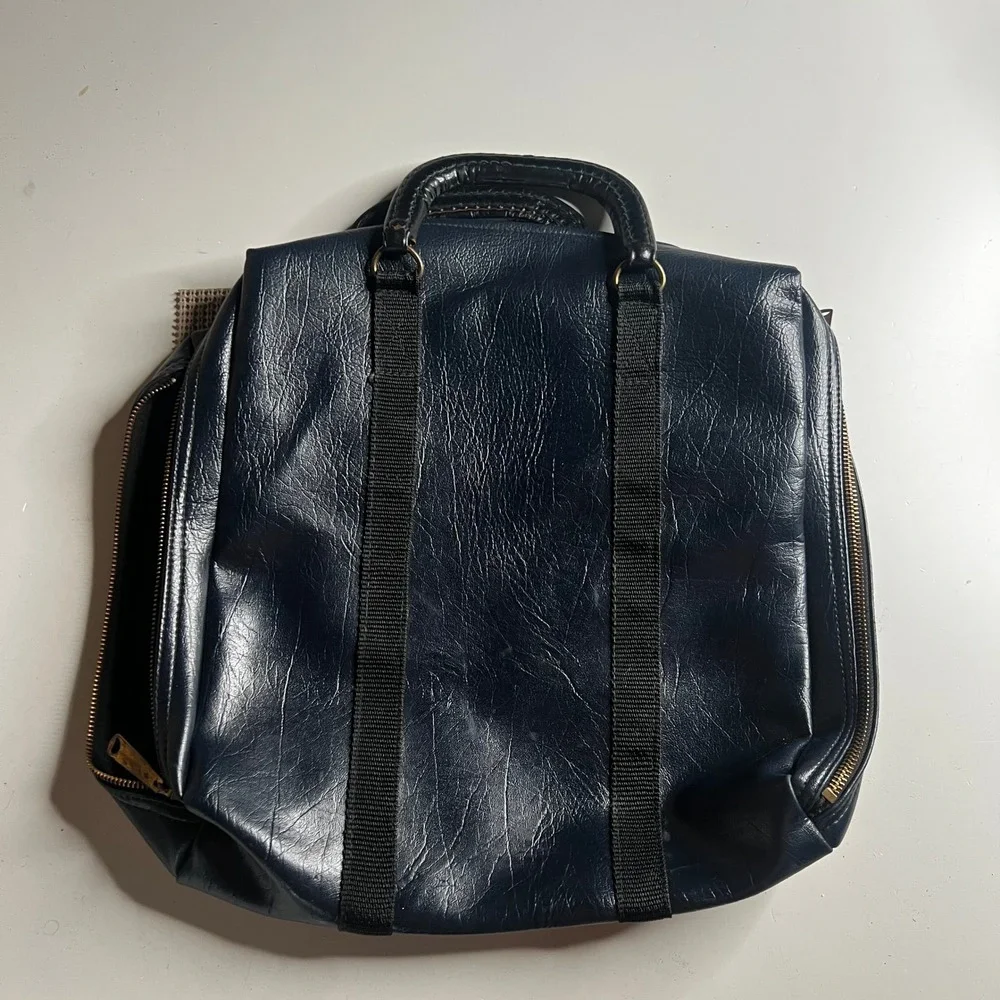Vintage 70s Navy Blue Faux Leather Briefcase Zippered Document Bag Laptop Case
